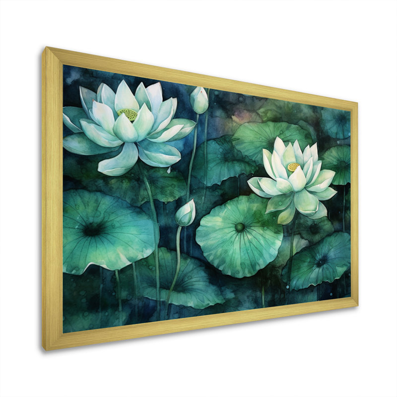 «Green Lotus Pond I», reproduction sur toile, H 16 po x l 32 po x P 1 po, Encadrement doré