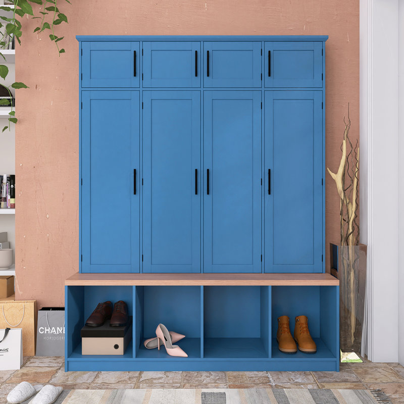 Farmhouse Hall Tree  59" Width X 75" With 4 Hidden Hanging Hooks And Seating Bench, Blue