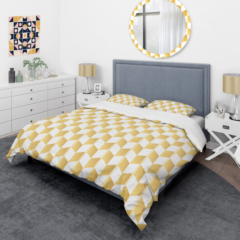 King Gold and White Geometric Microfiber Duvet Cover Set