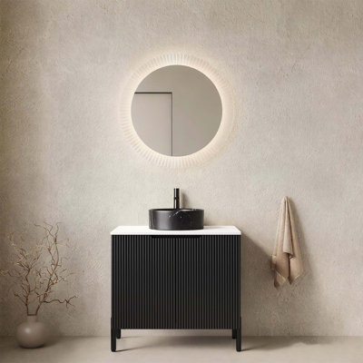 Meuble-lavabo de salle de bain 24 po avec lavabo, meuble-lavabo autoportant avec lavabo rond à 2 portes en céramique avec motif en pierre et comptoir en pierre frittée Carrara, sans robinet