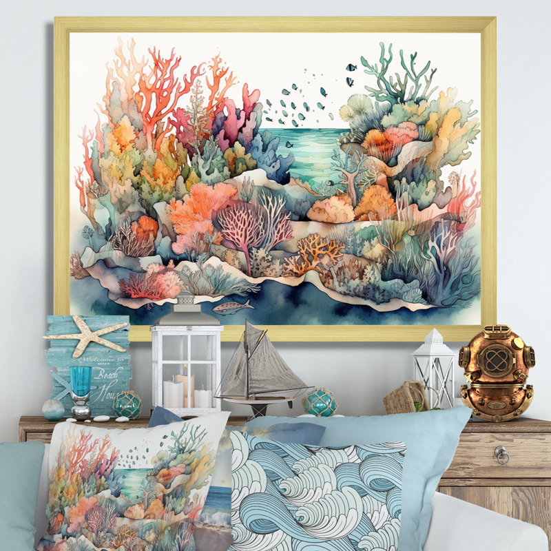 «Vibrant Coral Reef II - Modern Beach», reproduction sur toile encadrée, H 12 po x l 20 po x P 1 po, Cadre doré