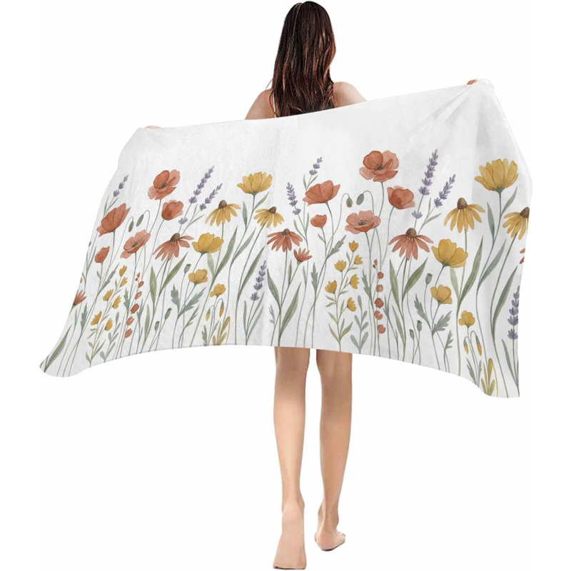 Beach Towel, Watercolor Daisies Lavender Microfiber Oversized Lightweight Beach Blanket, Country Floral Art Quick Dry Absorbent Towels for Swimming Pool Bath Gym 32*63inch