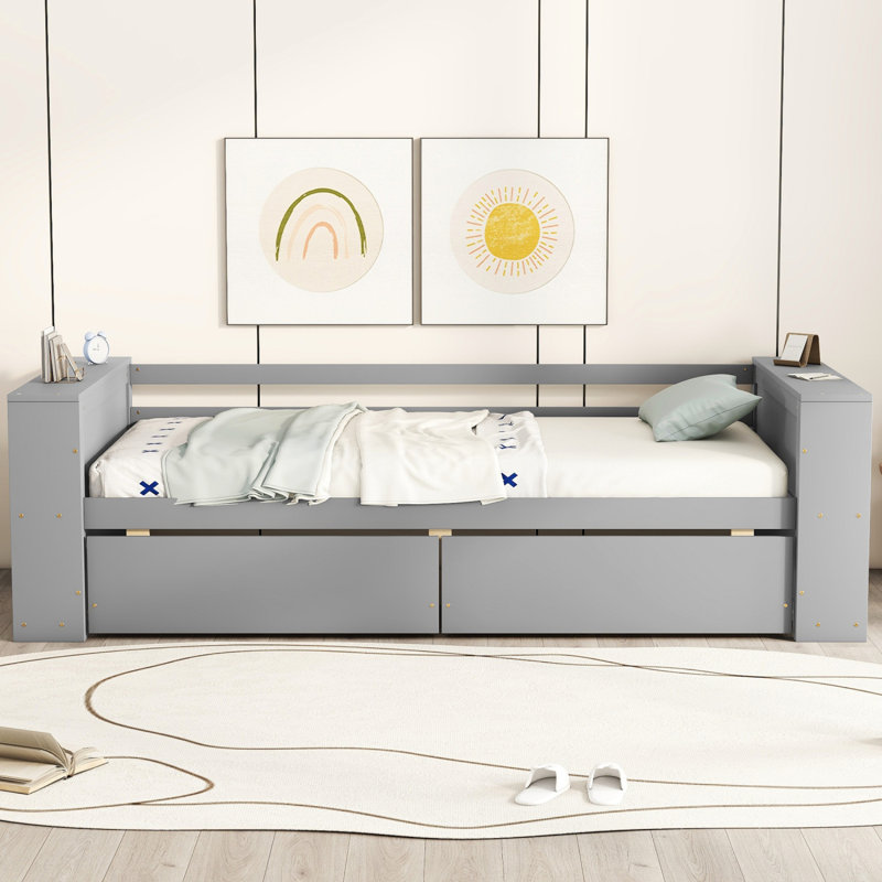 Lit de jour avec tablettes et tiroirs, Gris