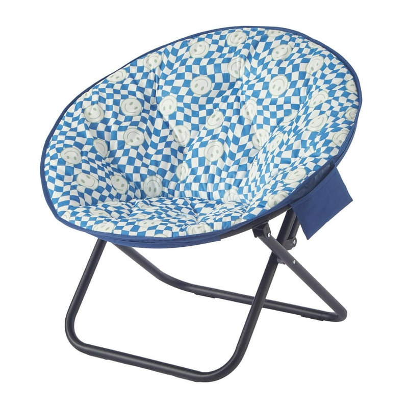  Smiley Face Blue Checkered Printed Micromink Saucer Chair with Black Metal Frame