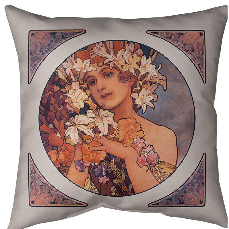 Coussin décoratif alphonse mucha couronne of fleurs, 20 po x 20 po, Orange, Sergé de coton