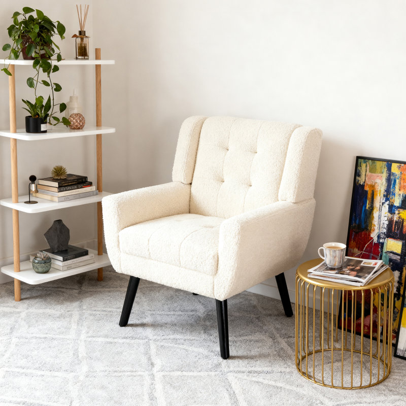 Tufted Upholstered Wide Back Armchair（Set of 2）, Beige Boucle