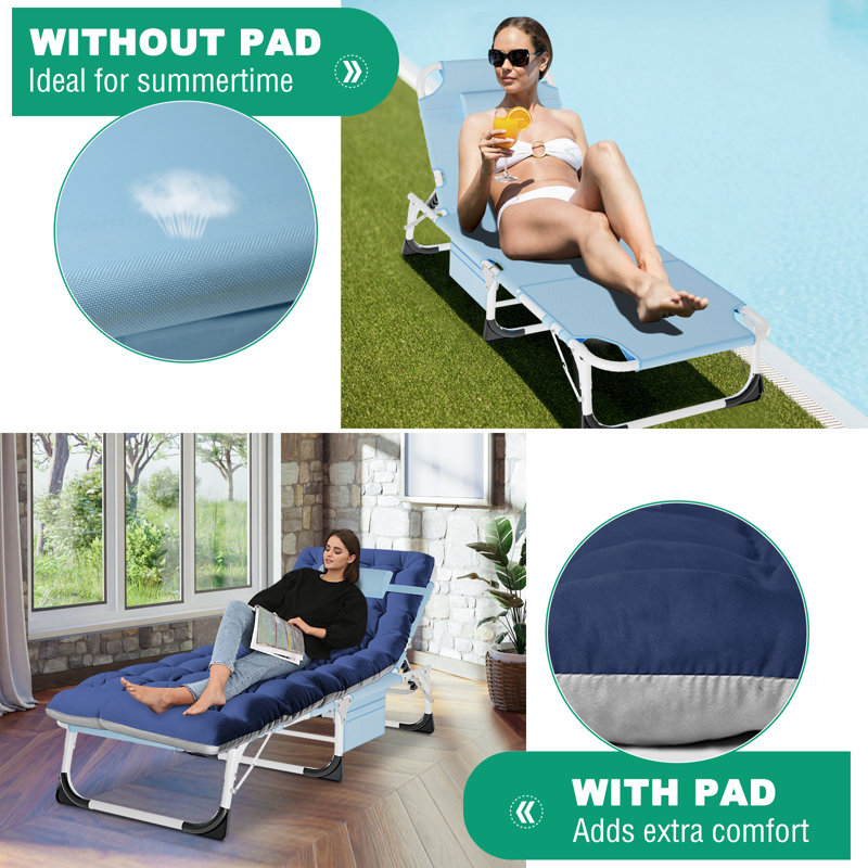 2PK Folding Lounge Chair with 5 Adjustable Positions, Hole, 2 Sided Cushion & Pillow, 2Carry Straps, Blue