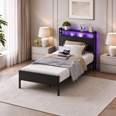 Twin Bed Frame with Headboard, Metal Platform Panel Bed with Charging Station and RGB LED Lights Black