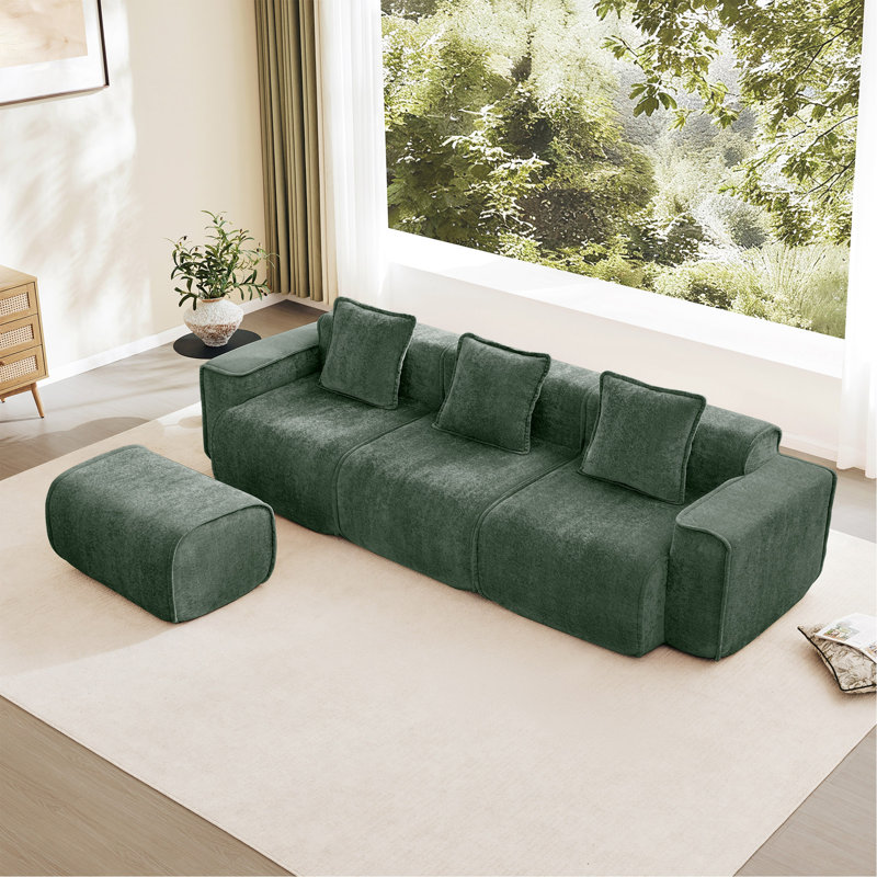 Canapé modulaire en L à 3 places avec passepoil à bordure française, sans assemblage requis, canapé 3 places avec coussins décoratifs et 1 repose-pieds mobile, tissu de velours
