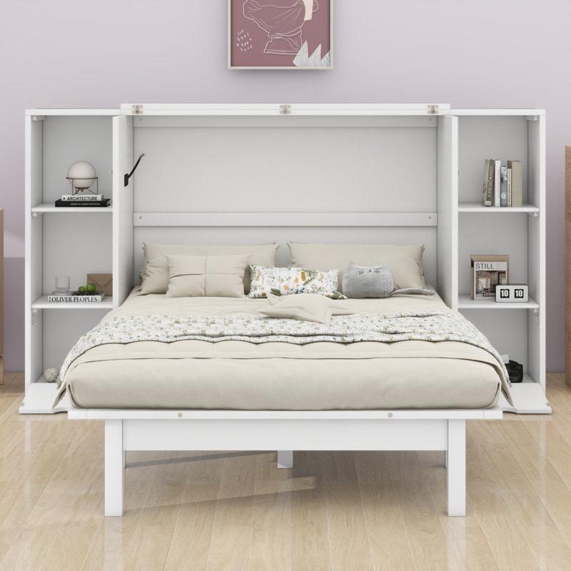 Lit escamotable avec tablettes, tiroirs et ports USB Murphy, Blanc
