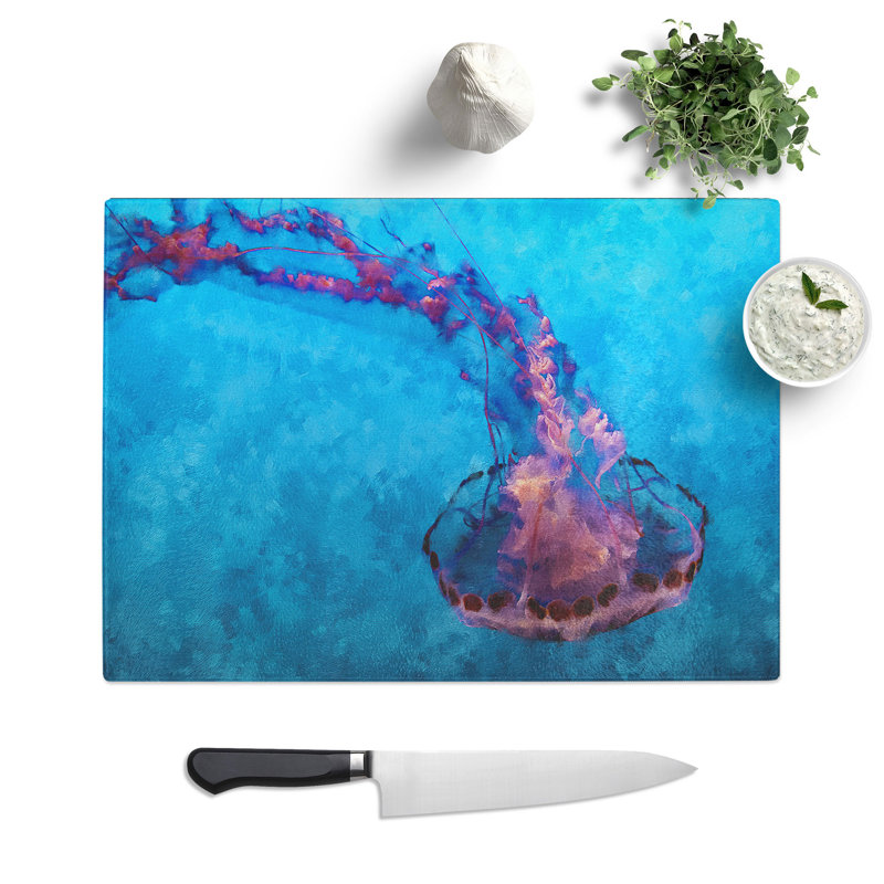 Tempered Glass Pink & Blue Jellyfish Chopping Board, 28.5 cm x 39 cm