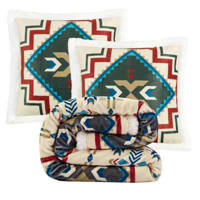 Campfire Sherpa Western Southwestern Lodge Throw Blanket Set with 2 Pillows
