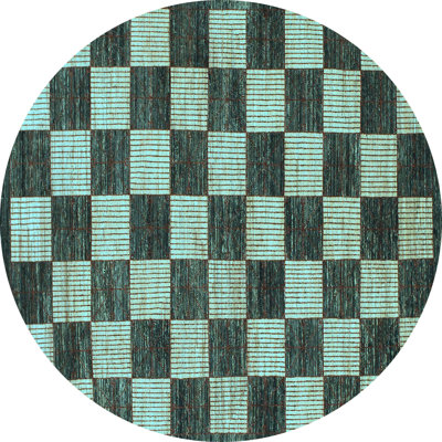 Tapis en laine / polyester à carreaux tissé à la machine en bleu / vert