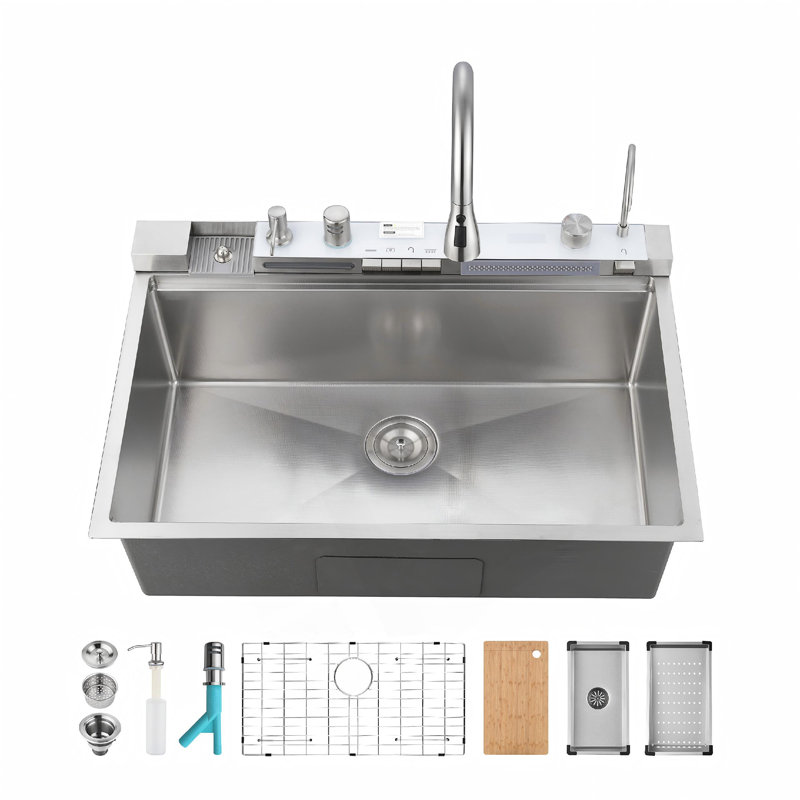 Robinet rétractable à simple cuve d'évier de cuisine 304 33 "x 22" Baleine Cascade Lavabo en acier inoxydable avec accessoires de lave-vaisselle