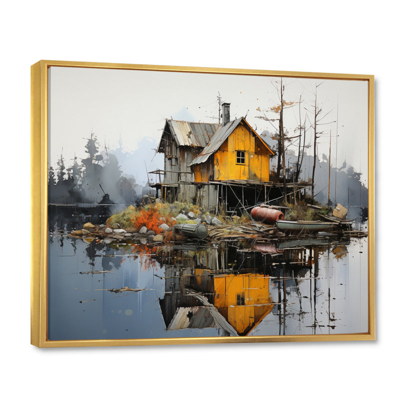Yellow Lakehouse Pier Reflections II - Landscapes Canvas Prints, H 24 po x l 32 po x P 1 po, Cadre flottant doré