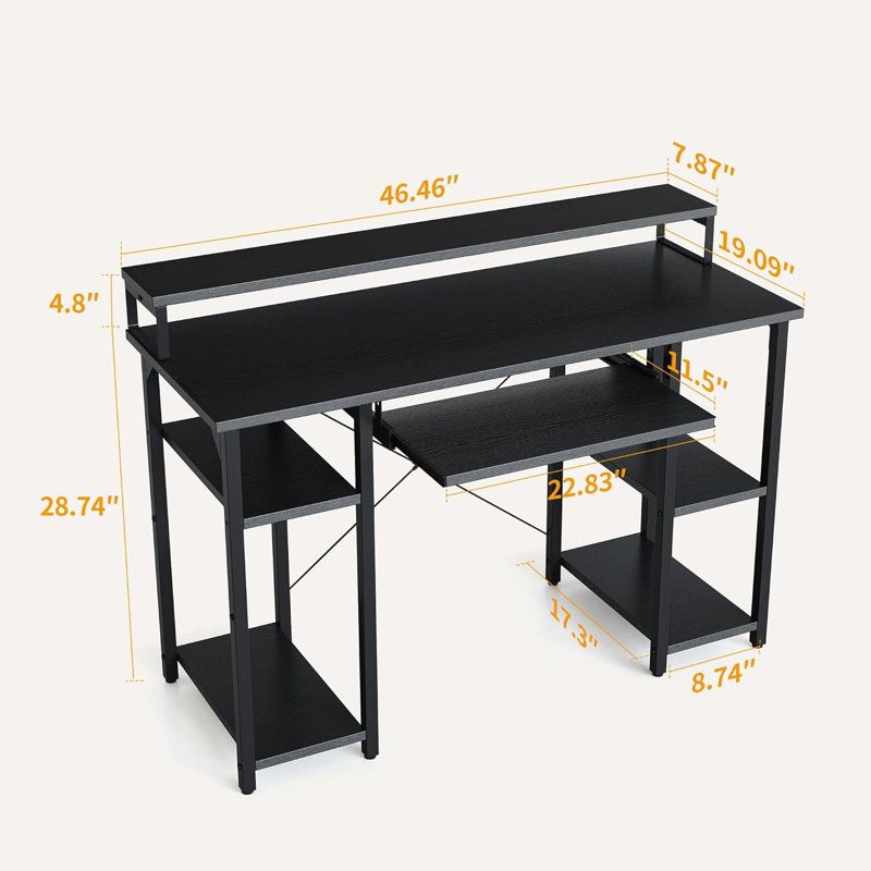 Computer Desk With Keyboard Tray, 47 Inch Office Desk With Monitor Stand And Storage Shelves, Music Studio Desk Workstation, Work Table For Home Office, Black