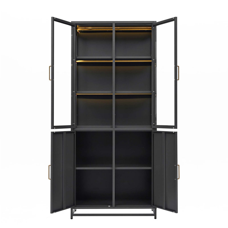 76.75'' Tall Display Cabinet With Glass Doors And LED Lights, Black