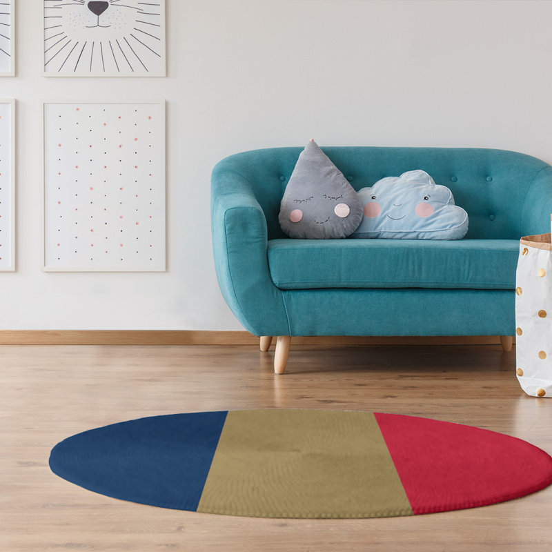 Tapis bleu marine/doré/rouge rayé, Rond 5 pi