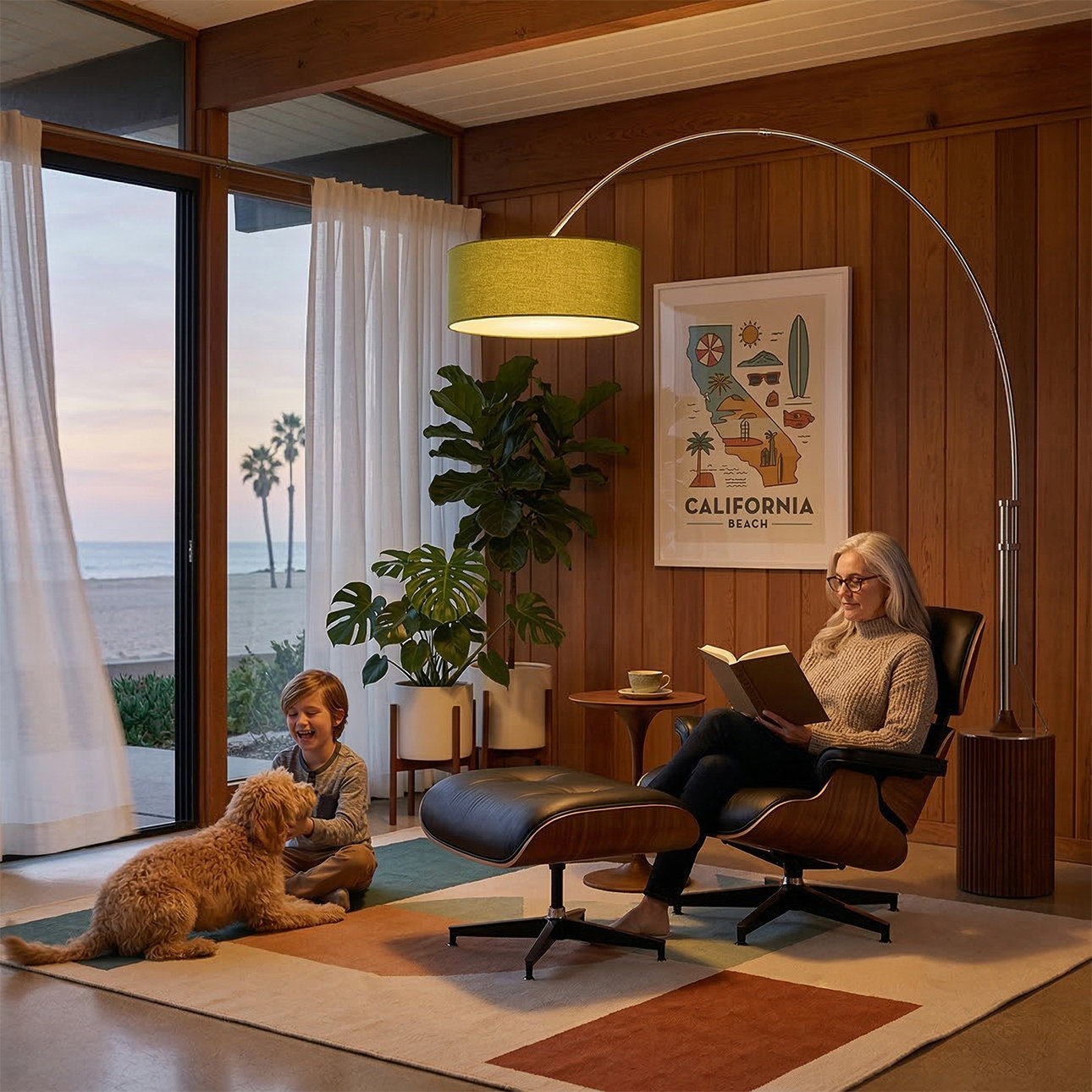Tambo 92"H 1-Light Arc Lamp, White Linen Shade, Dark Walnut Base, Satin Nickel, Dimmable, for Living Room or Bedroom, Avocado