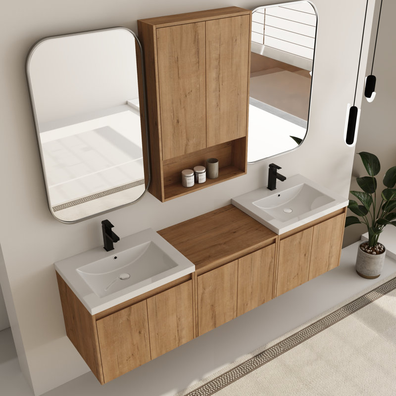 Bellmead 72'' Wall-Mounted Double Bathroom Vanity Set with Resin Vanity Top and 24'' Bathroom Wall Cabinet, 72"