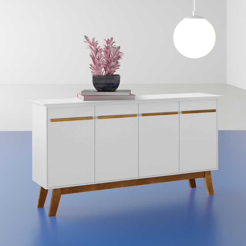 Buffet blanc Yonkers de 63 po avec 4 tablettes Mid-Century, Blanc / Cannelle