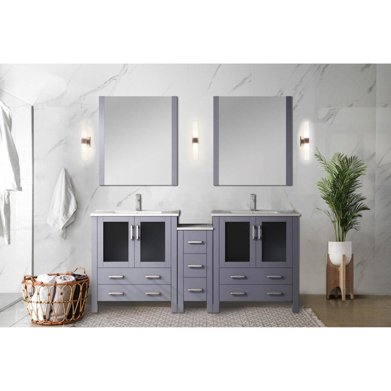 72 po W Double meuble-lavabo gris foncé avec armoire latérale, comptoir en céramique blanche, robinet, tiroirs à fermeture douce, deux armoires de rangement intérieures, comptoir Scratch, baignoire monotrou large,
