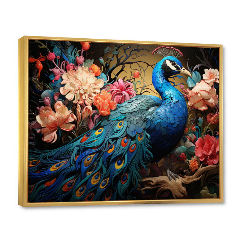 Teal Peacock Parade II - Animals Canvas Art Print, Cadre flottant doré, H 24 po x l 32 po x P 1 po