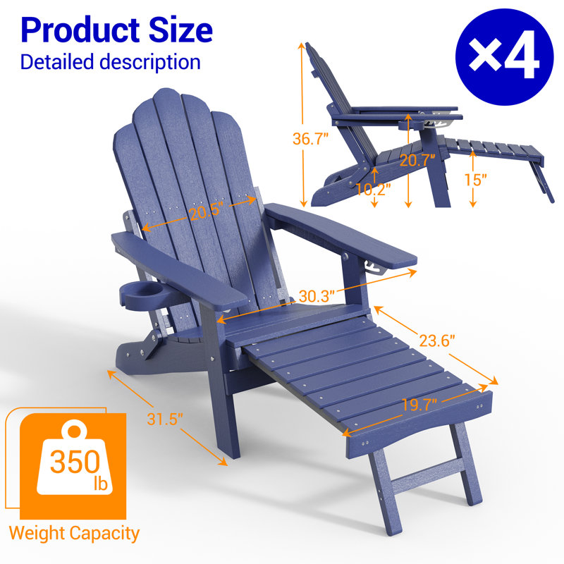 Folding Adirondack Chair with Cup Holders, Fire Pit Chair with Retractable Ottoman,  Multifunctional HIPS Chair for Porch, Patio, Balcony