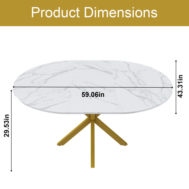  Table de salle à manger ronde extensible, plateau en marbre avec base en acier au carbone, table de cuisine moderne pour 4 à 6 personnes, blanc