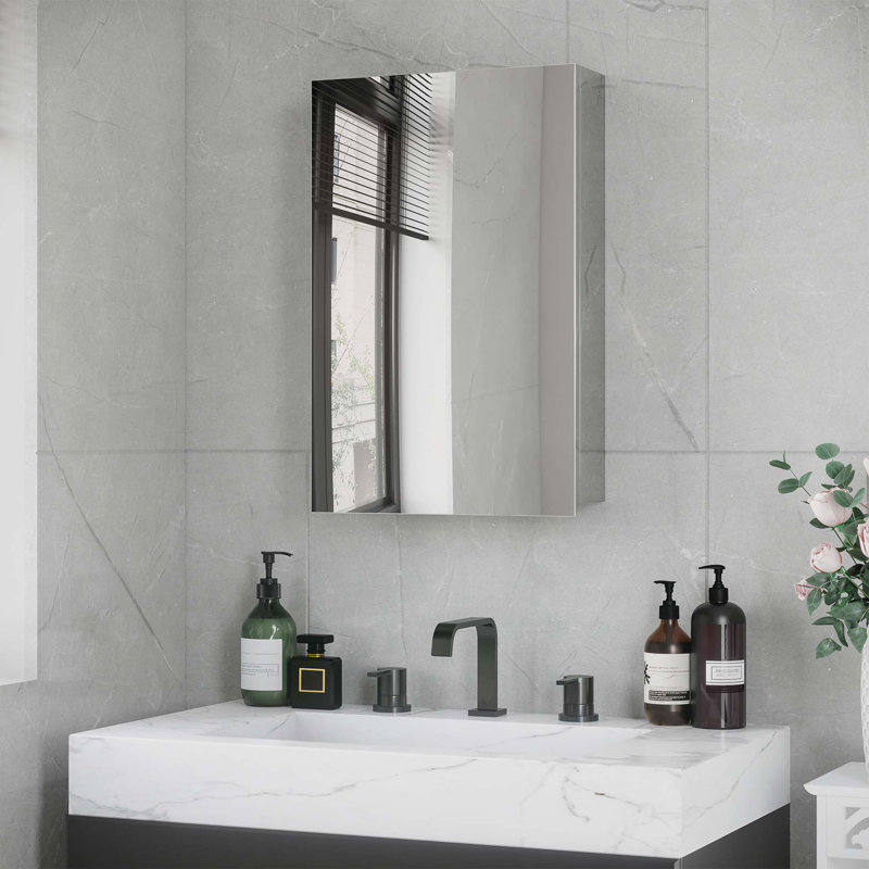 Armoire à pharmacie murale avec miroir, armoire de salle de bain avec porte à charnières, tablettes de rangement pour le salon et la salle de lavage