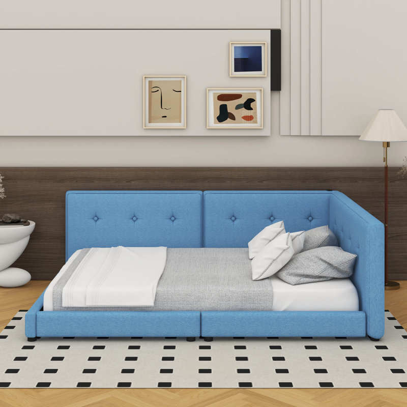 Lit plateforme tapissier avec ports USB, Bleu, Grand lit