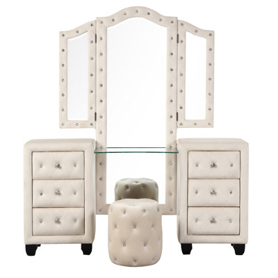 Ensemble de meuble-lavabo capitonné en cristal de style moderne avec 6 tiroirs et tabouret, fini en velours de bois