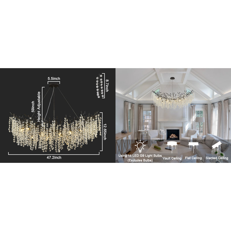 Tree Branch Snow Crystal Chandelier Lighting 47"L, Black/White