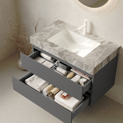 Meuble-lavabo de salle de bain 36 po avec lavabo encastré VENO, armoire de rangement flottante rayée en contreplaqué avec 2 tiroirs, plateau en pierre frittée avec motif en pierre, sans robinet