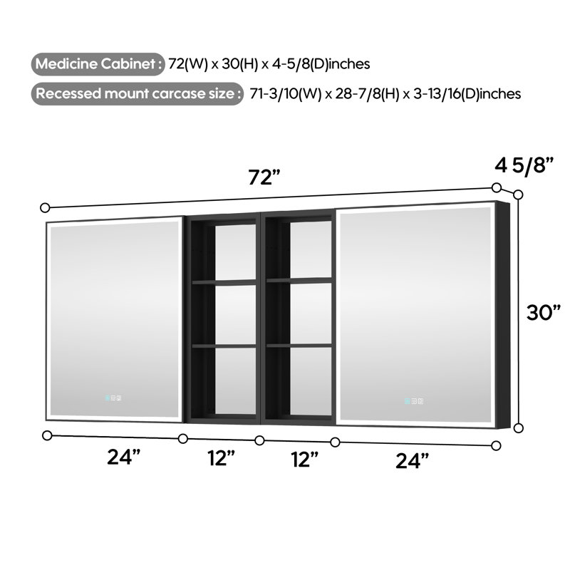 Armoire à miroir murale encastrée ou en surface 30 po H avec armoire latérale noire, H 30 po x l 72 po x P 4,63 po
