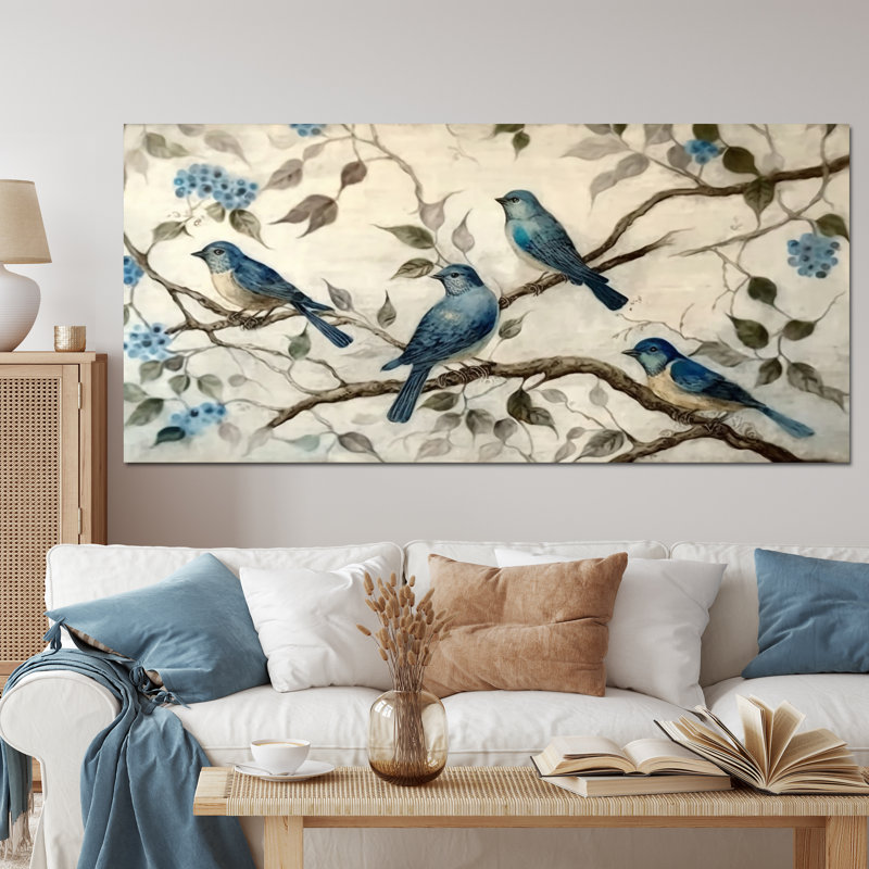 Quatre oiseaux bleus rétro sur une branche III - reproduction sur toile, Black Picture Framed, 34" H x 44" W
