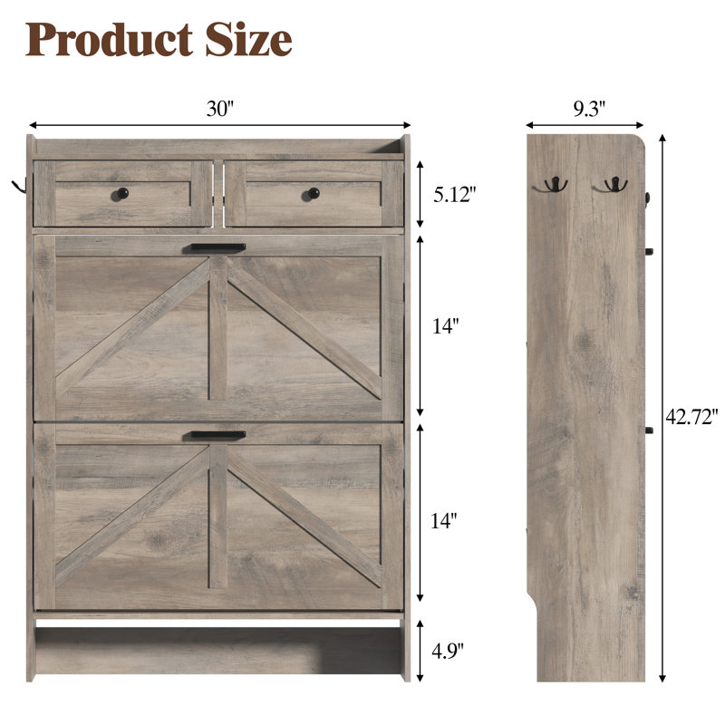30"W Farmhouse Shoe Cabinet with 2 Flip Drawers & 2 Drawers – Narrow Freestanding Organizer for Entryway（30" W x 9.25" D x 42.7" H）