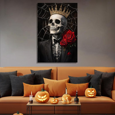 Canvas Wall Art Halloween Wall Decor King Skull With Red Rose Picture Vintage Gothic Painting Dark Academia Prints For Living Room Bedroom Home Office Decor Framed(Art-3,24.00X36.00 Inch)