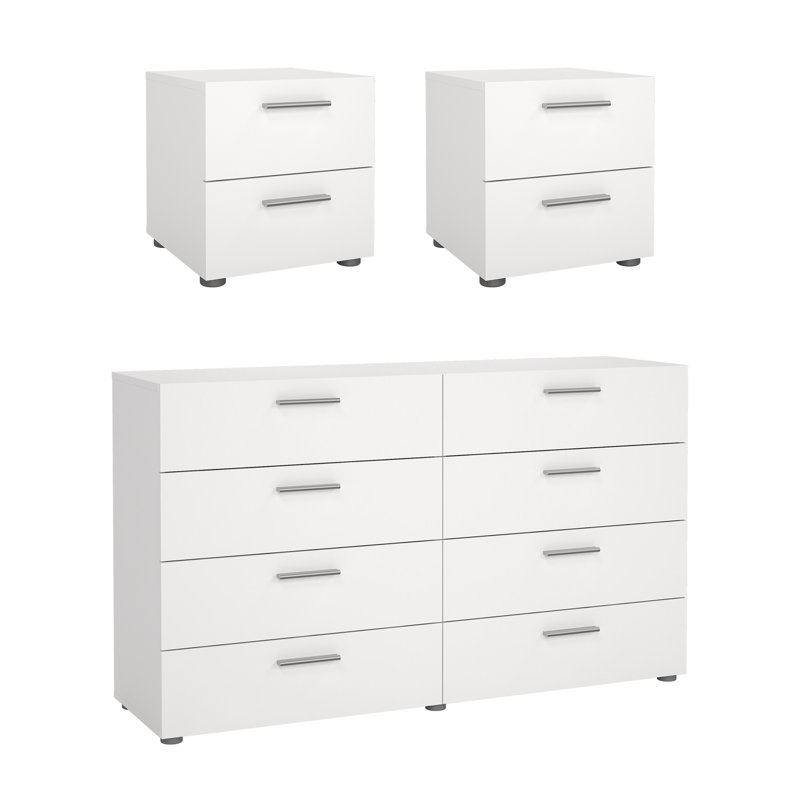 Ensemble de chambre à coucher 3 pièces - 2 tiroirs doubles et table de chevet 2 pièces Pepe, blanc