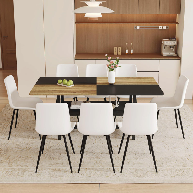Ensemble de table de salle à manger rectangulaire pour 8 personnes, ensemble de table de salle à manger 71 po avec 8 chaises rembourrées et tablette de rangement, plateau de table en bois avec structure en métal