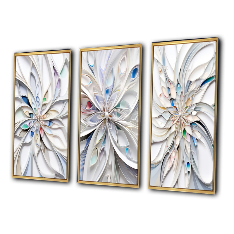«White Cosmic Flowers», 3 pièces sur toile, H 20 po x l 36 po, Cadre flottant doré