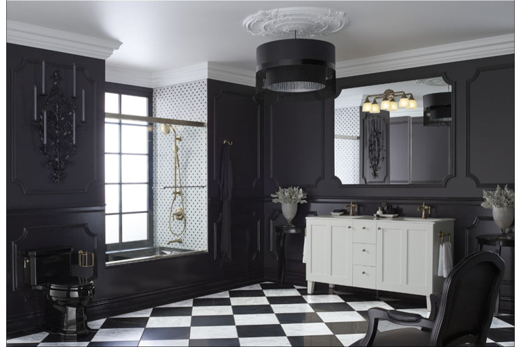 modern black bathroom with dark fixtures and checked tiles