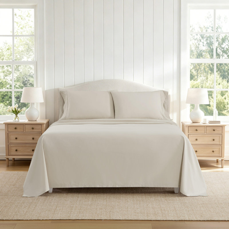Martha Stewart Skylands Solid Cotton Percale Sheet Set, Full Sheet Set with 2 Pillowcases, Dark Beige