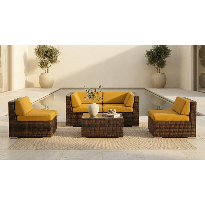 Ensemble de conversation en osier pour 4 personnes avec coussins Billyjo Wicker, Mélange de bruns