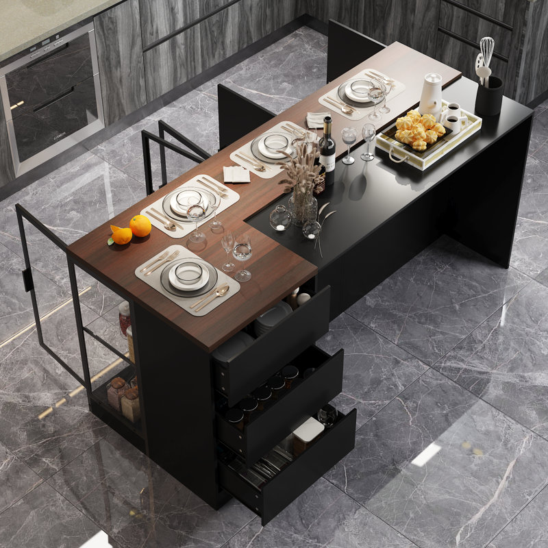Îlot de cuisine l 77,6 po avec porte vitrée et double face lumineuse