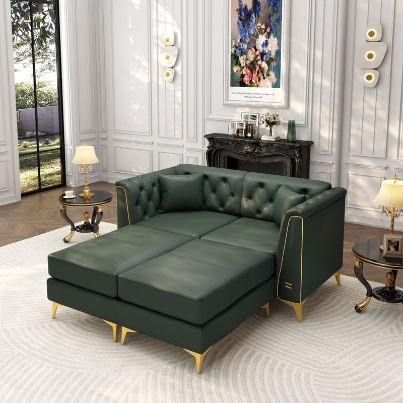Canapé Chesterfield modulaire 2 places, canapé en similicuir avec capitonnage à boutons fait à la main, accoudoirs garnis de métal et pieds minces en métal, comprend 2 coussins