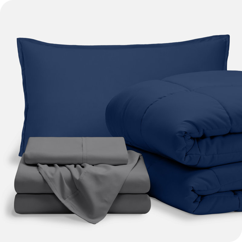 Lit dans un sac en microfibre 1800 de qualité supérieure 1800, Blue foncé/gris, Édredon simple TG et 4 pièces supplémentaires