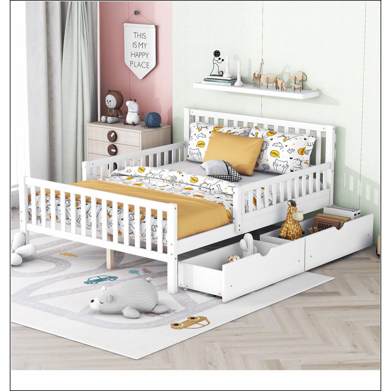 Lit plateforme en bois avec garde-corps des deux côtés et deux tiroirs de rangement, Simple, Blanc