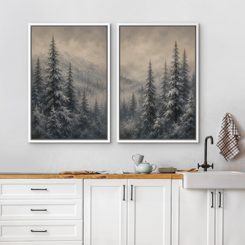 Reproduction enneigée de neige, forêt de pin et paysage de montagne brumeux, 24" H x 16" W x 1.5" D, White