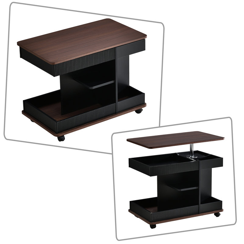 3-in-1 Height Adjustable Rolling Side Table with 360° Rotating Top, Storage End Table with Lockable Wheels and Gas Lift